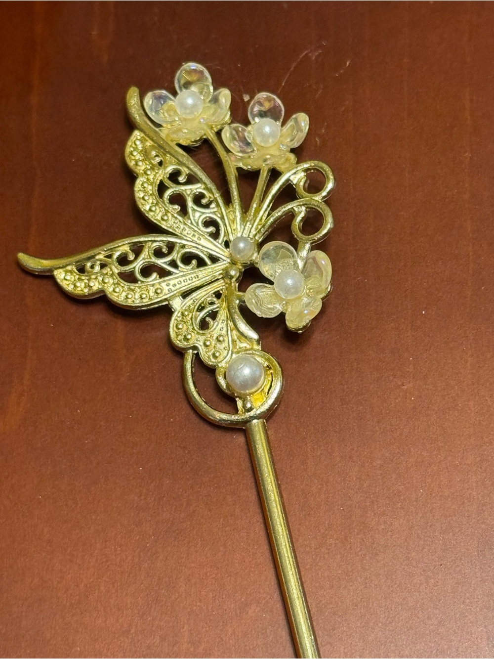 Gold Floral Butterfly Pendant Necklace with Pearl Accents
